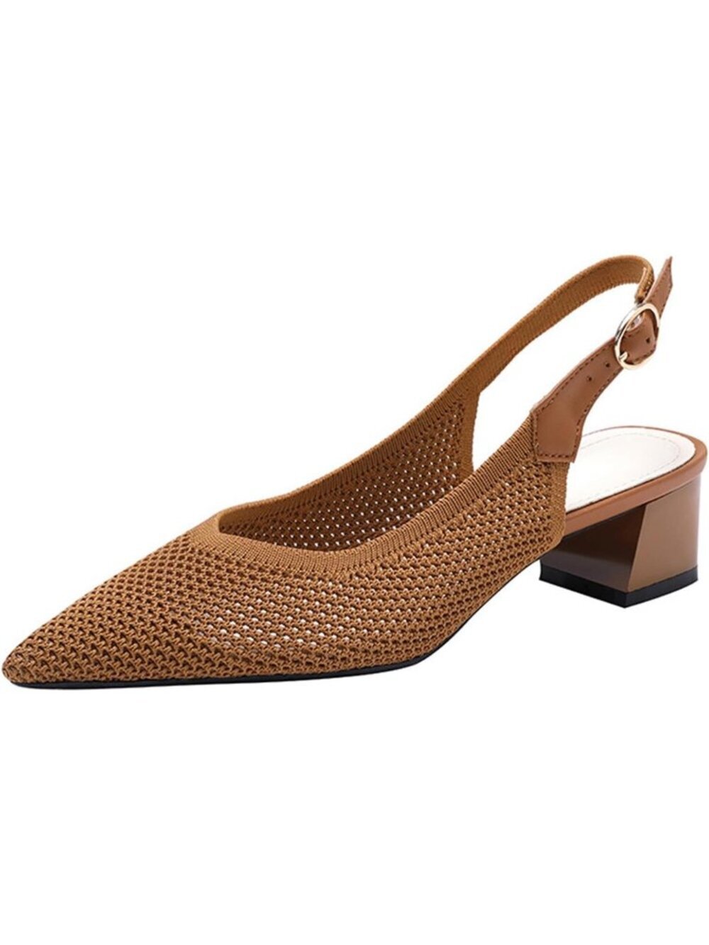 Women's Brown Slingback Block Heel Pumps Ladies Closed Pointed Toe Weave Sandals